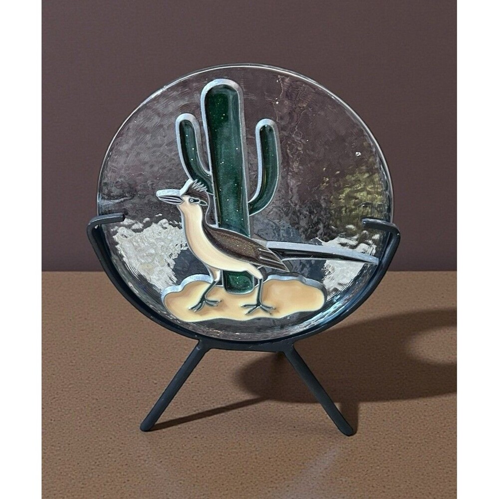 Vtg Cast Iron Stained Glass Road Runner Cast Iron Votive Pillar Candle Holder